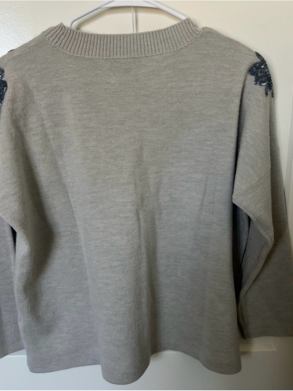 J. CREW Gray Crewneck Sweater Merino Wool with Floral Sequin Embellishment - Picture 3 of 8